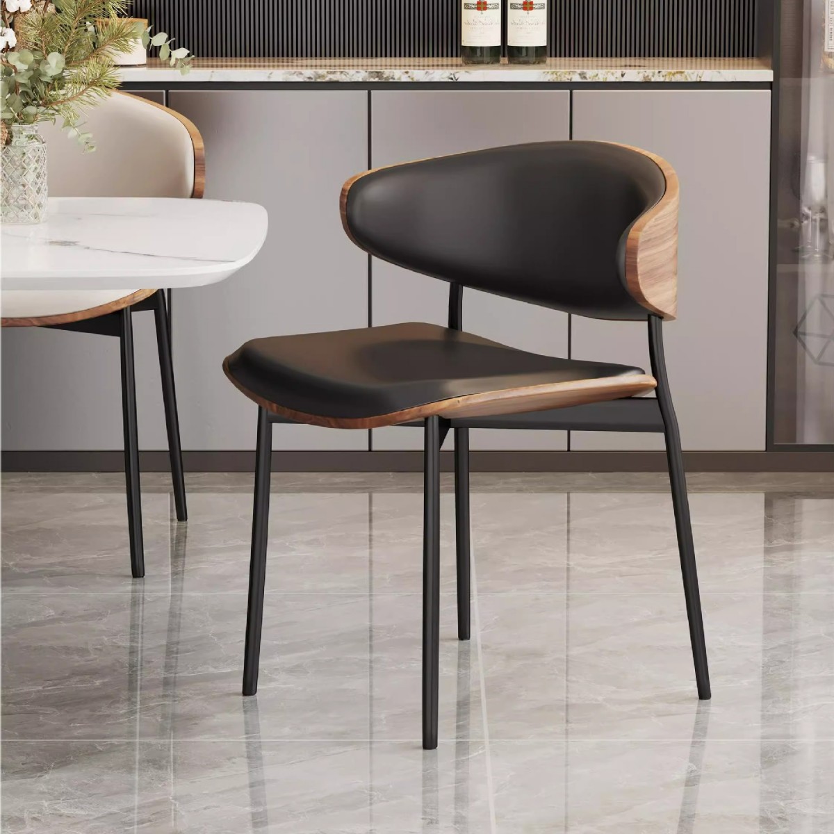 Sillas de comedor minimalistas italianas IMS lujosas y de alto nivel, sillas de cuero con respaldo de madera maciza.