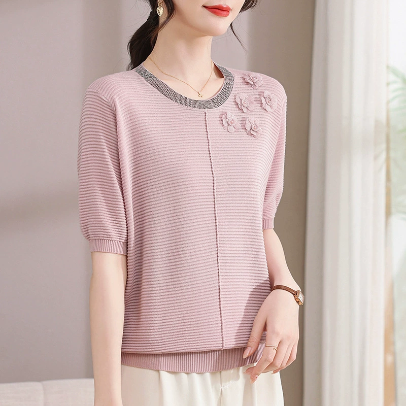 2025 весна и осень мама мода минус возраст трикотажные рубашки весна и осень новая средняя и пожилая женщина осенний темперамент топ с отворотами