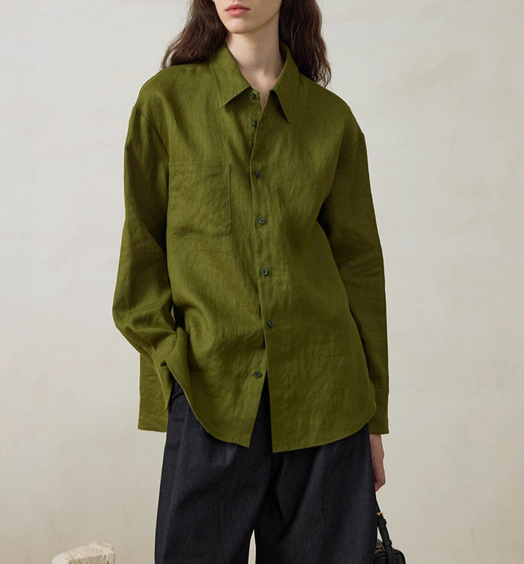 [Redemption] 100% Linen Green Loose Shirt for Women, 2026 Early Spring New Style, Suitable for Layering or Wearing Alone, Long-Sleeve Shirt