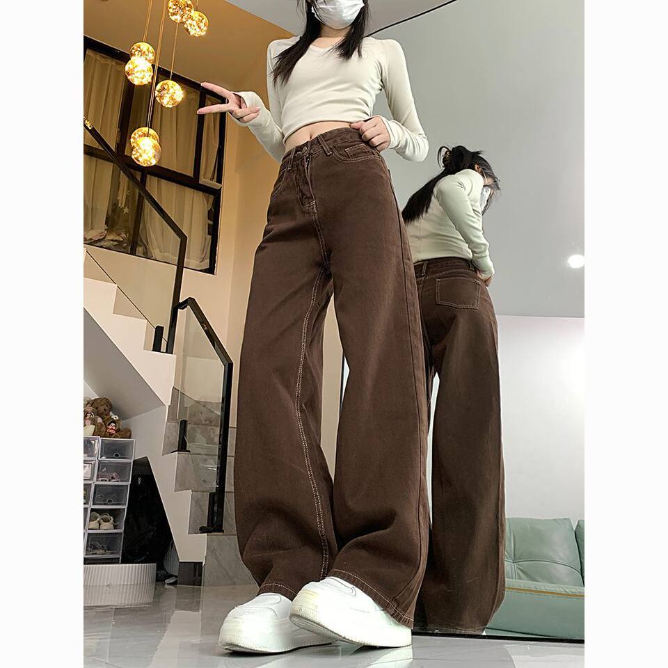 Quần jean ống rộng nữ cạp cao màu nâu phong cách đường phố, dáng suông dài — [Chính hãng] Màu nâu (dành riêng cho người nhỏ), [Chính hãng] Màu nâu (quần thường)