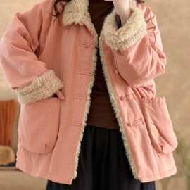2026冬季新款立体大口的毛毛拼接中式复古盘扣加厚汉麻棉服外套女