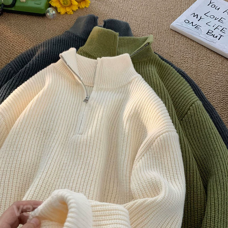 Свитер мужской пуловер осень зима 2024 отворот поло высокой улицы дикий свитер сплошной цвет свободный повседневный свитер