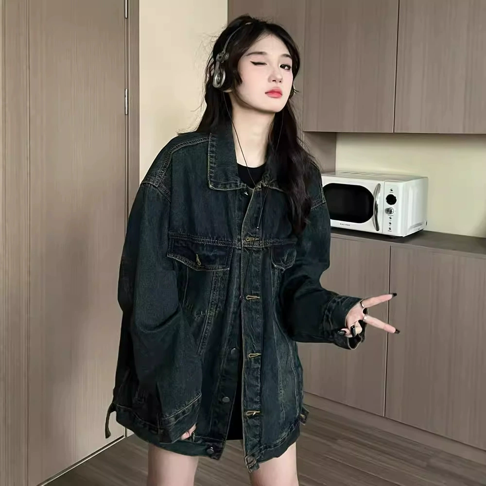 Гонконгская мойка джинсовая куртка женская весна и осень повседневная дикая конструкция ретро-старая свободная куртка с длинными рукавами топ