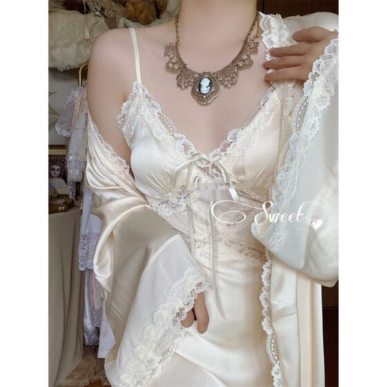 Sweet soft glutinous Downton manor French retro silky skin-friendly nightdress homewear morning gown slit