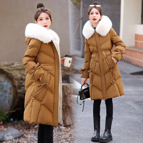 Women's Mid-Length Down Jacket with Cotton Insulation - Fashionable, Korean Style, Fitted, Thick, Waist-Close, Trendy