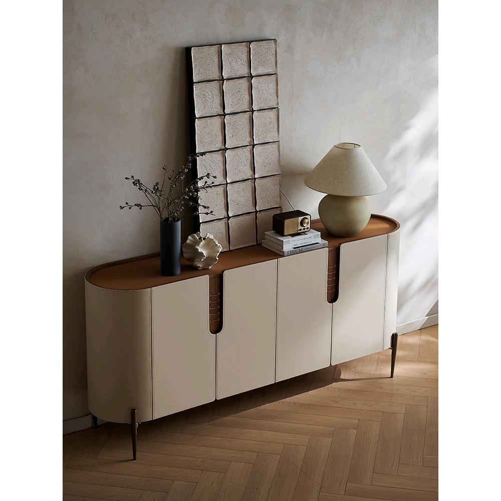 Italian Saddle Leather 35cm Rock Board Sideboard Cabinet Modern Living Room Storage Cabinet Small Apartment Household Entrance Door Entrance Cabinet