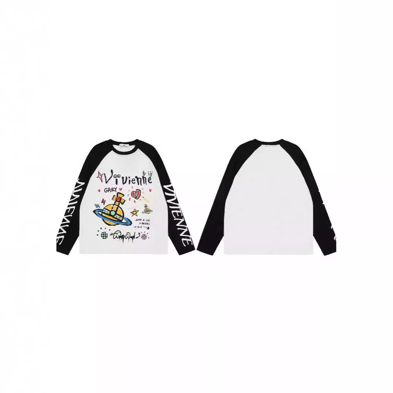 In-Stock 2024 Autumn New Vivienne Westwood T-Shirt Saturn Large Graffiti Raglan Sleeve Base Shirt