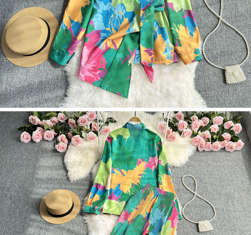 Women's Clothing Fashion suit women's casual loose long sleeved single breasted shirt two piece set high slimming tie dye printed wide leg pants_voghion.com