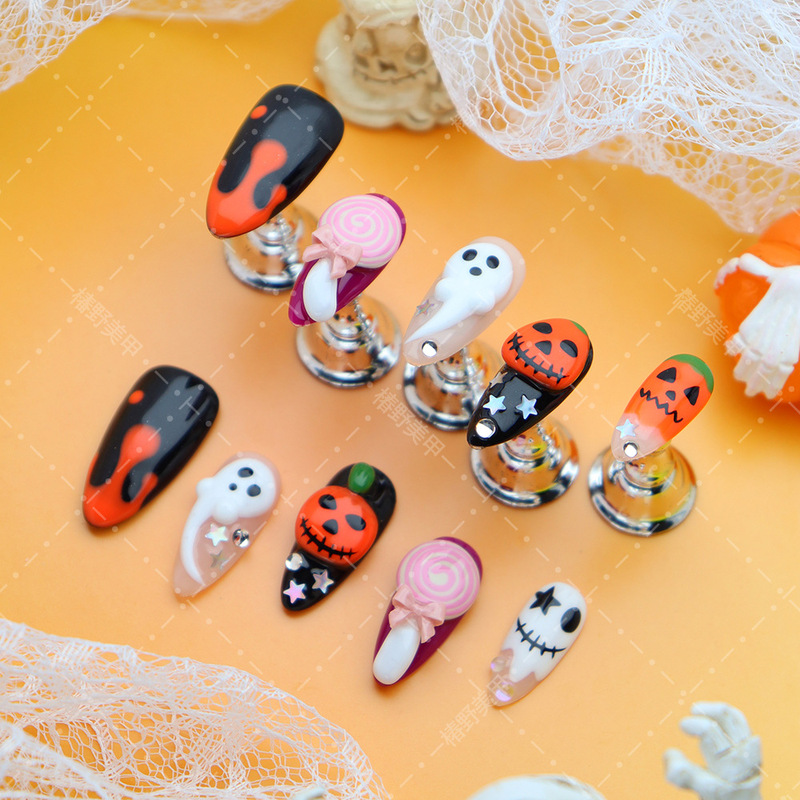 Factory-Made Pure Handmade Wearable Nail Art, Ghostly Pumpkin Face Lollipop, Dark Sweet Cool Halloween Nail Art Wholesale