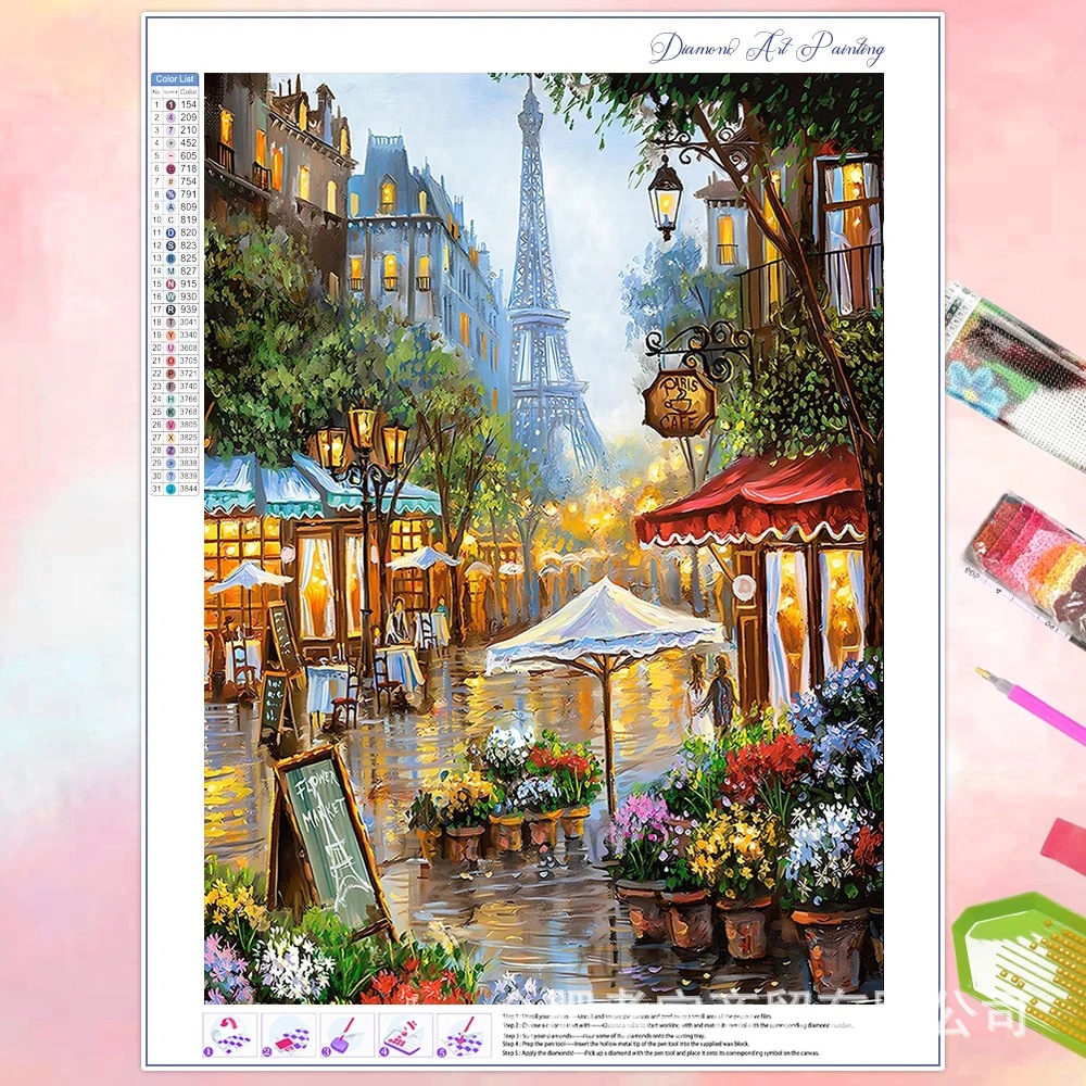 Venta caliente transfronteriza dibujos animados ciudad de bricolaje casa paisaje lleno de diamantes sala de estar dormitorio decoración pegatinas fabricante de pintura de diamantes