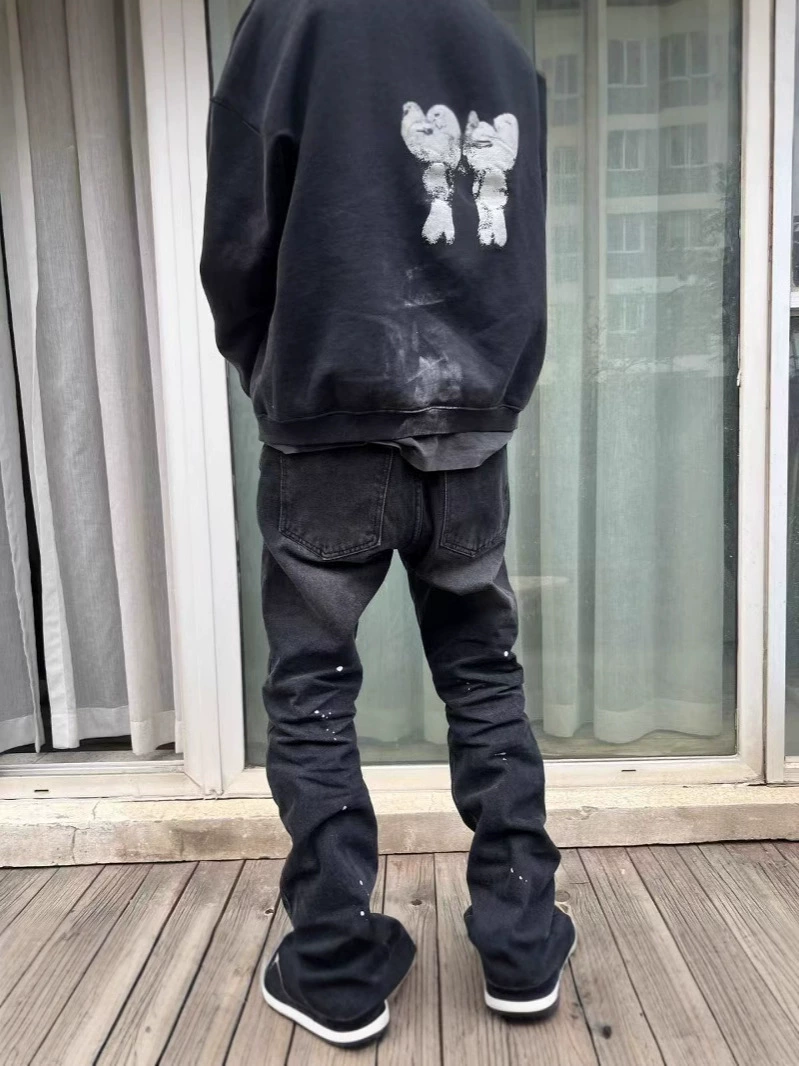 Джинсы bootcut FAR ARCHIVE, винтажная стирка и брызги краски, мужские, чёрные