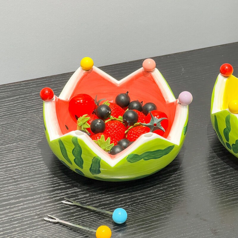 Watermelon Plate with Fruit Fork, Cute and Aesthetically Pleasing Ceramic Large-Capacity Fruit Plate, Household Dessert Salad Bowl, Fruit Fork Set