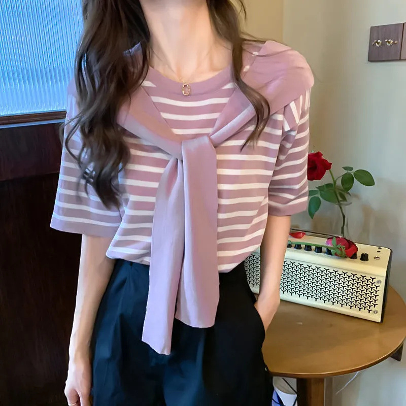 Internet Popular Fashion Short-sleeved Knitwear Women's Spring and Summer 2023 New Western Style Shawl Fake Two-piece T-shirt Striped Top
