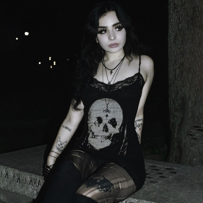 Summer Sexy Short Dress Dark Personalized Skull Printed Suspender Dress for Women
