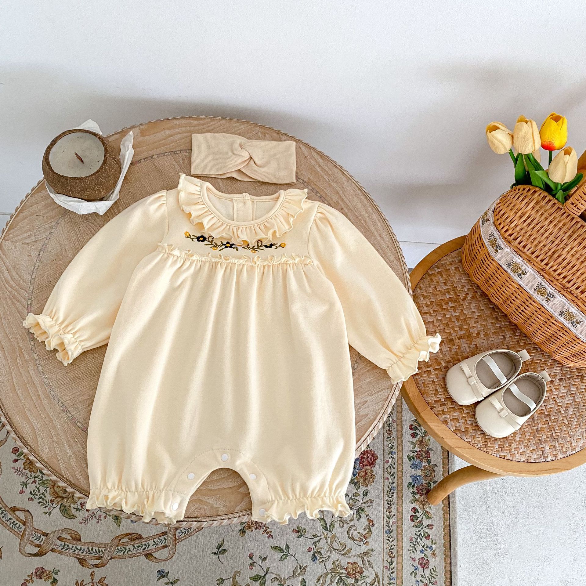 2024 Autumn New Baby and Girl Clothing Embroidered Small Lotus Leaf Collar Long Sleeve Loose Short Crawler jumpsuit_voghion.com