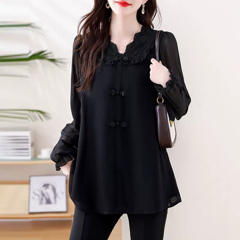 大码女装新中式衬衫2025春秋季V领蕾丝拼接宽松遮肚长袖上衣时尚T