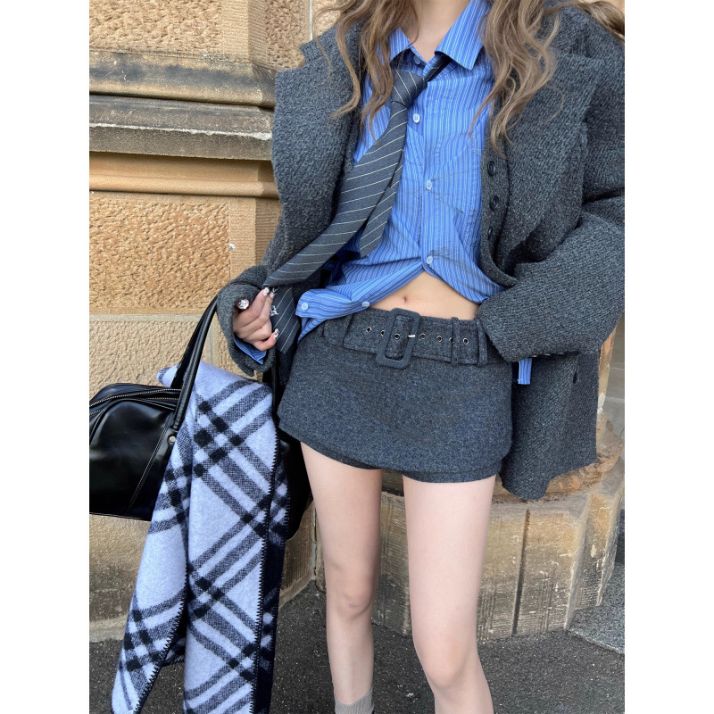“毛毡裙裤”针织呢短款辣妹裙裤宽腰带半身裙裙子女2025秋冬裤子