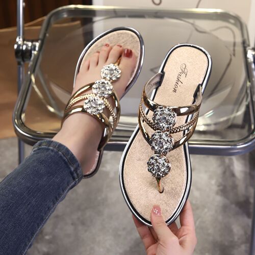 Diamond-studded flat sandals for women, beach casual outdoor sandals, herringbone thong sandals, flat water diamond cool sandals for women