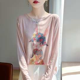 跨境秋冬新款渲染印花打底毛衣女宽松圆领设计感软糯百搭针织衫女