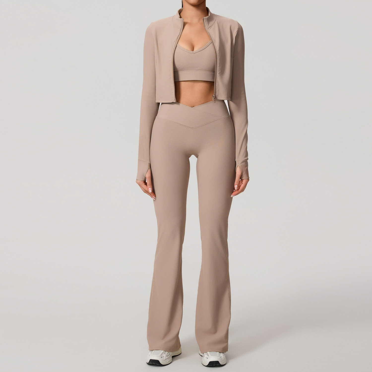 Europa y América sexy cruzada belleza de espalda deportiva al aire libre chaqueta con cremallera piernas anchas cintura alta y largo conjunto de pantalones de calzado 7005