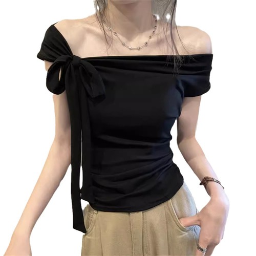 ins sexy hot girl one-shoulder strapless short t-shirt women's summer new style tie-up slimming short pure desire top women 