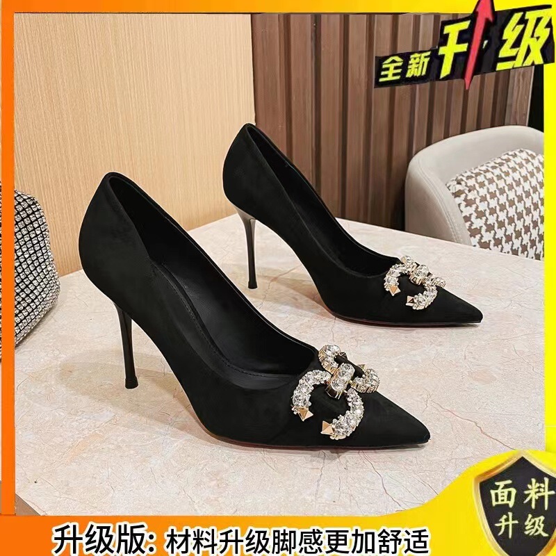 Rhinestone Black Suede Sexy High Heels with Thin Heels, 2026 New Style Pointed Toe, Elegant Design, French-Style Single Shoes for Women