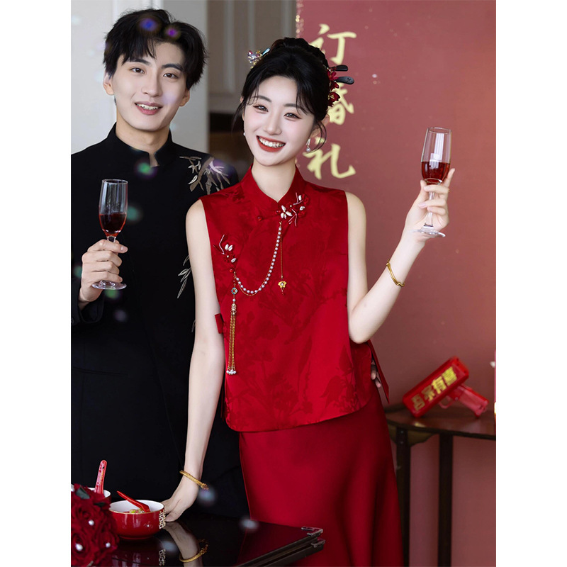 新中式订婚礼服旗袍敬酒服新娘2025新款红色晨袍女高级感回门便装|undefined
