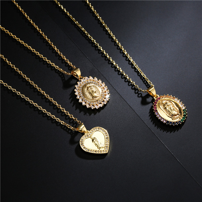 retro heart Virgin Mary pendant white zirconium necklace