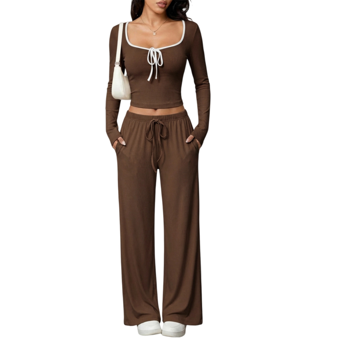 Zweiteiliges Damen-Set: Sexy geripptes Crop-Top mit hochgeschnittener Hose, schulterfreiem Langarm-Rollkragenpullover – perfekt für Herbst und Winter_voghion.com
