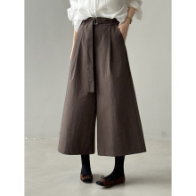 言双 韩系简约高腰阔腿八分裤女秋季宽松A字休闲裤含腰带9823