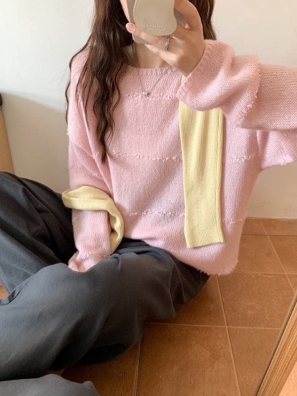 25秋冬女装韩系圆领珠片宽松慵懒感羊毛衫百搭丝羊毛绒针织衫毛衣|undefined