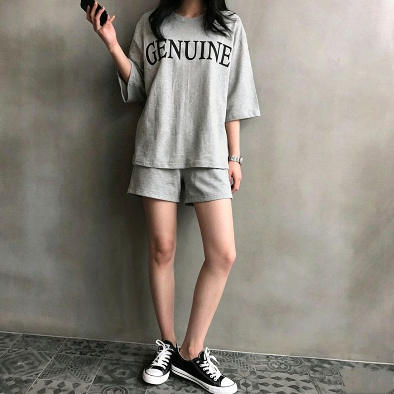 Amazon Set Short-Sleeved Shorts Summer Casual Loose Sports Letter Print T-Shirt Two-Piece Set Women's Wide-Leg