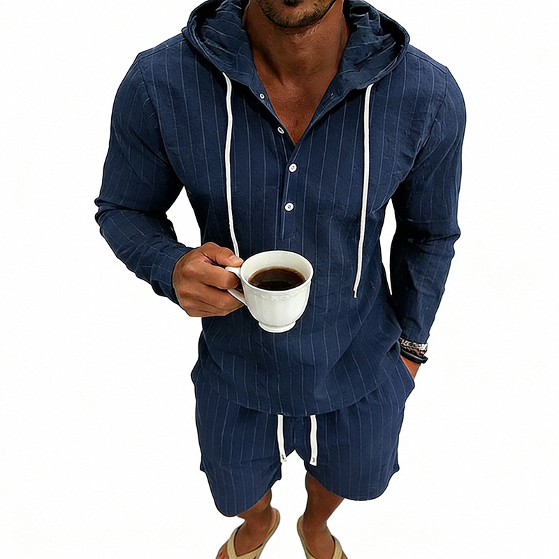 Men's Linen Long Sleeve Hooded Henley Shirt With Shorts Set, Jacquard Vertical Stripe Pattern, Relaxed Fit For Summer Commute And Casual Wear_viptrois.com