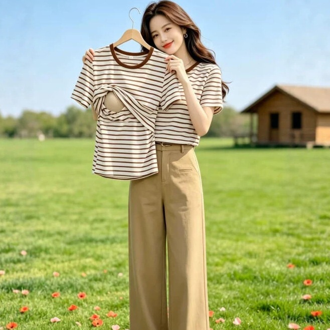 Summer Nursing Tops for Going Out, Postpartum Nursing Clothes for Hot Moms, Striped Versatile Slimming Nursing Plus-Size T-Shirts for Women Summer Nursing Tops for Going Out, Postpartum Nursing Clothes for Hot Moms, Striped Versatile Slimming Nursing Plus-Size T-Shirts for Women