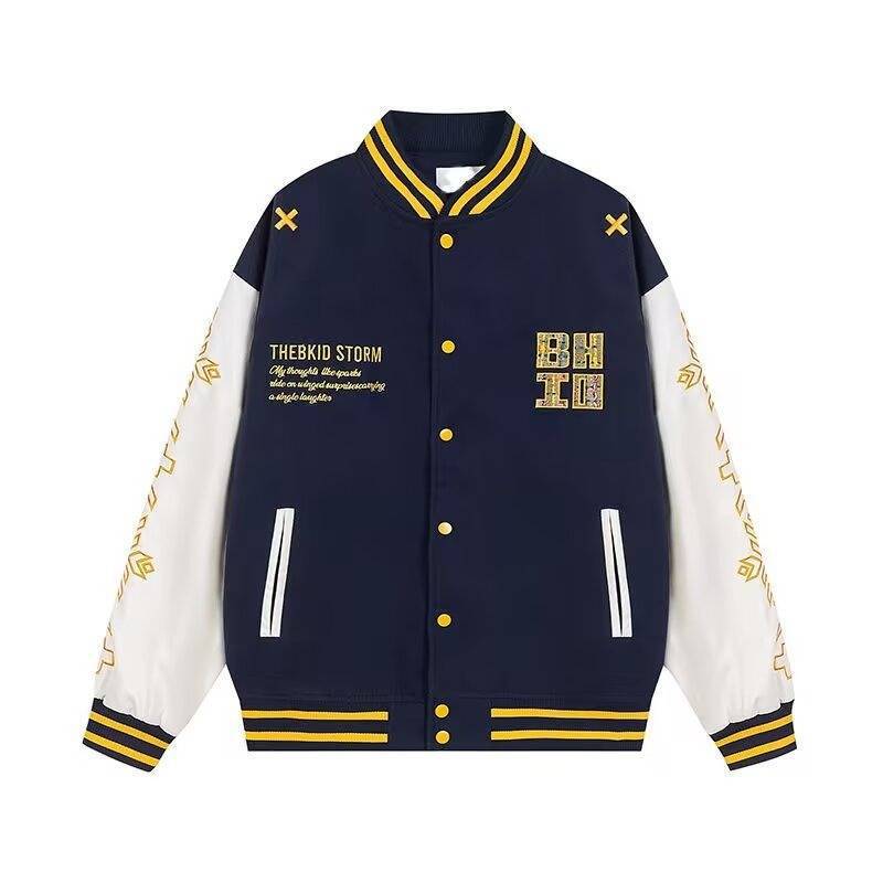 American-Style Trendy Brand Letter-Embroidered Baseball Jacket for Men, Cool and Stylish Outfit Set with Straight-Leg Flared Jeans American-Style Trendy Brand Letter-Embroidered Baseball Jacket for Men, Cool and Stylish Outfit Set with Straight-Leg Flared Jeans