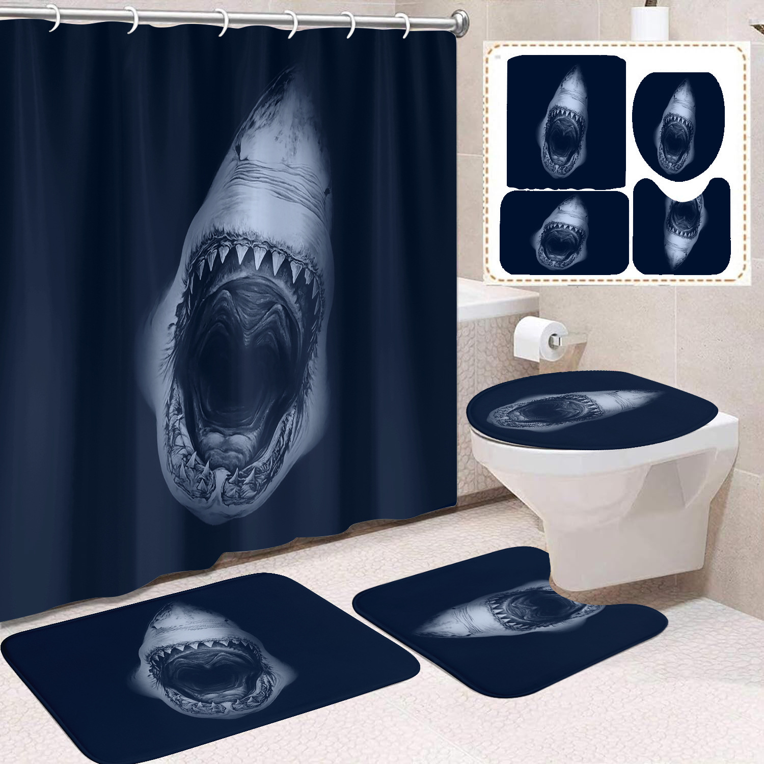 Cortina de ducha transfronteriza con diseño de delfines azules, estampada digitalmente, de poliéster, sin perforaciones, para baño, decoración del hogar image 33