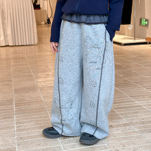 艾摩贝贝中大女童韩版满印蝴蝶结卫裤假两件屁帘直筒裤拼接休闲裤