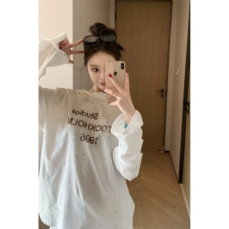 Shenzhen Nanyou Ac's 25 New Model Vintage Gradient Color High-Pressure Rhinestone Loose Versatile Long-Sleeve T-Shirt with Round Neck for Layering