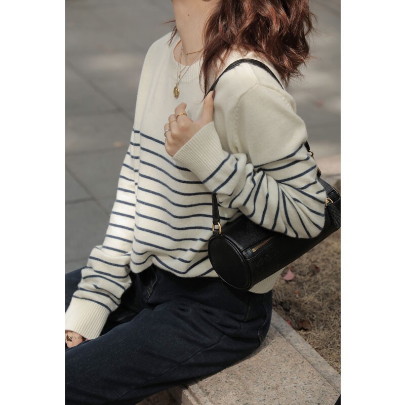 Autumn round neck worsted wool sweater round neck striped pullover bottoming sweater contrast color long sleeve wool bottoming shirt