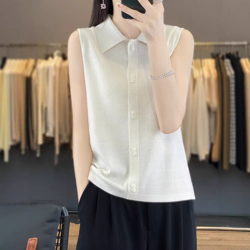 Spring and Summer New Style Faux Wool Polo Collar Thin Sleeveless Knit Versatile Vest Slimming Knit Base Shirt