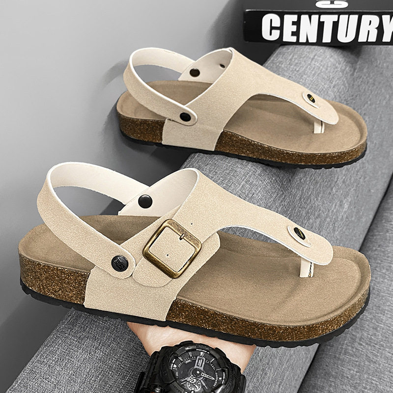 Dép sandal nam quai ngang kẹp chân đế gỗ phong cách Birken, thoáng khí đi biển — Màu đen, Nâu vàng, Trắng be