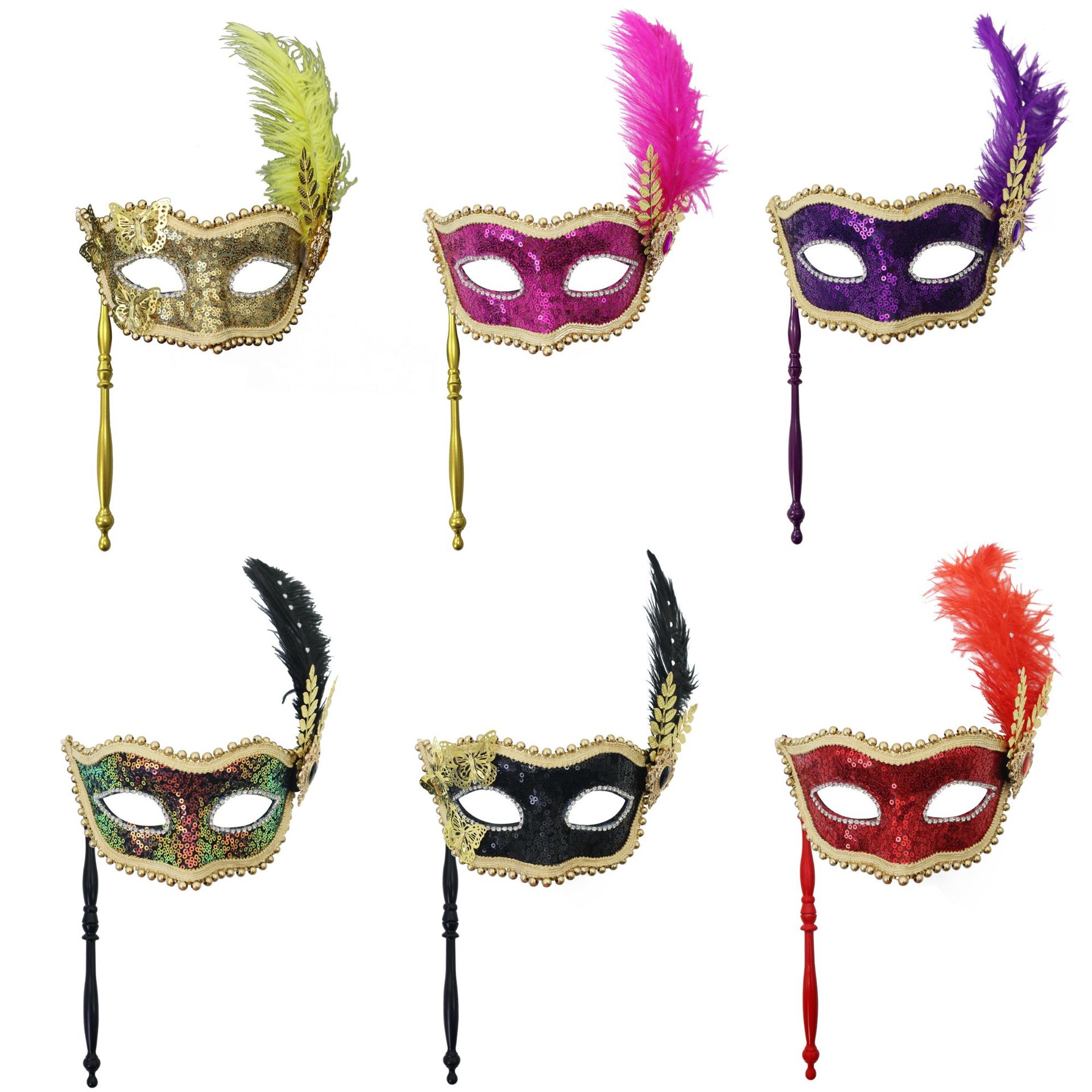 Amazon venta caliente de máscaras de sequillas de mano de borde lateral plumas metálicas mariposas maquillaje máscara de baile de damas