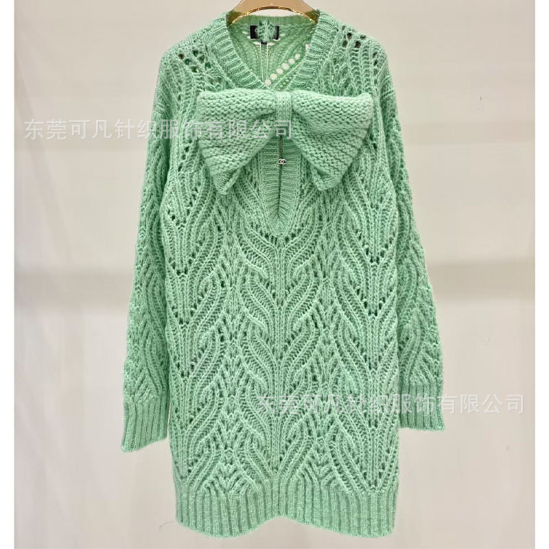 Women's Autumn and Winter Lazy Bow-Knot Green Mohair Hollow-Out Knit Long-Sleeve Sweater, Mid-Length Chunky Knit Sweater Dress