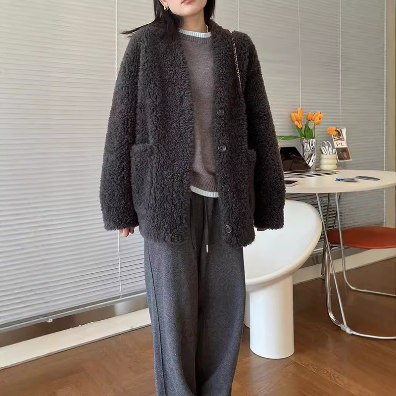 100 Real Wool Fur Loose Coat Women's Cardigan Large Profile Lamb Wool Granular Wool 2024 Thickened Cashmere Sears