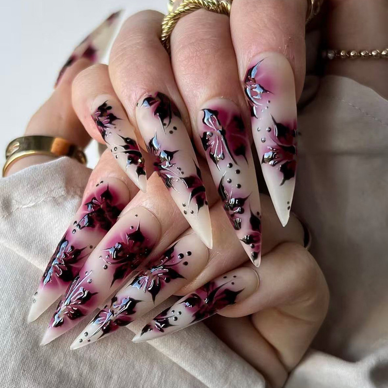 Foreign Trade Style Long Pointed Matte Press-On Nails, Blood-Red Spider Lily Flower 3D Glossy Minimalist Design Nail Tips Foreign Trade Style Long Pointed Matte Press-On Nails, Blood-Red Spider Lily Flower 3D Glossy Minimalist Design Nail Tips