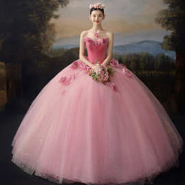 影楼室内粉色彩纱公主风婚纱摄影写真拍照情侣花朵油画赫本风礼服