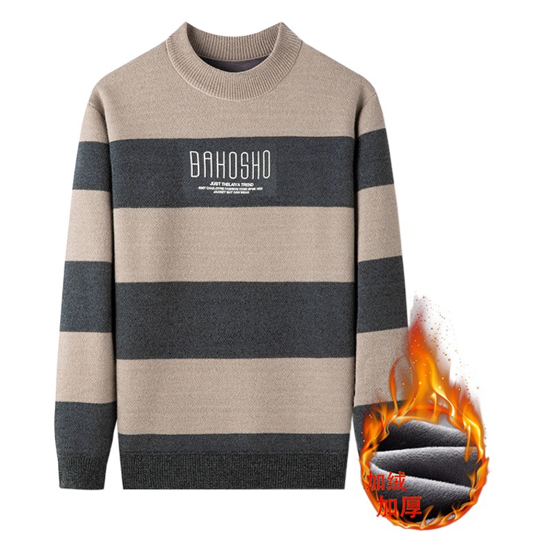 Suéter de los hombres de piel de hurón forrado de lana engrosada cuello redondo bottoming Top flojo invierno cálido suéter de los hombres al por mayor