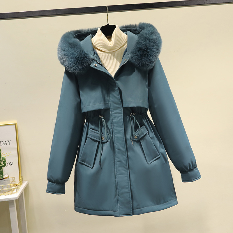 Comercio exterior ropa de algodón de mujeres mediana larga tirada para superar 2023 gran cuello encapuchado chaqueta de algodón de plumón de invierno abrigo cálido