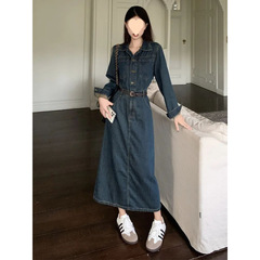 復古減齡連衣裙女2025春秋新款港風時尚收腰領長袖洋氣牛仔裙
