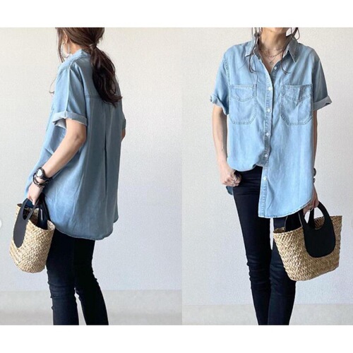 Summer Japanese style new loose slimming denim short-sleeved design shirt versatile top for women 